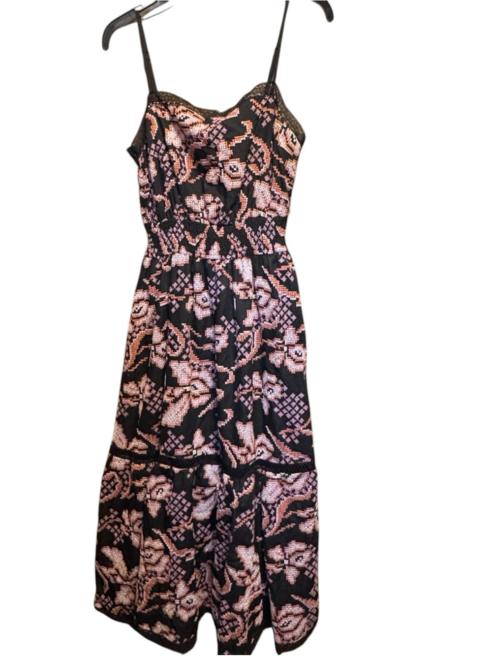 Anthropologie Black and Blush Floral Lace-Detail Spaghetti Strap Dress Dark XS